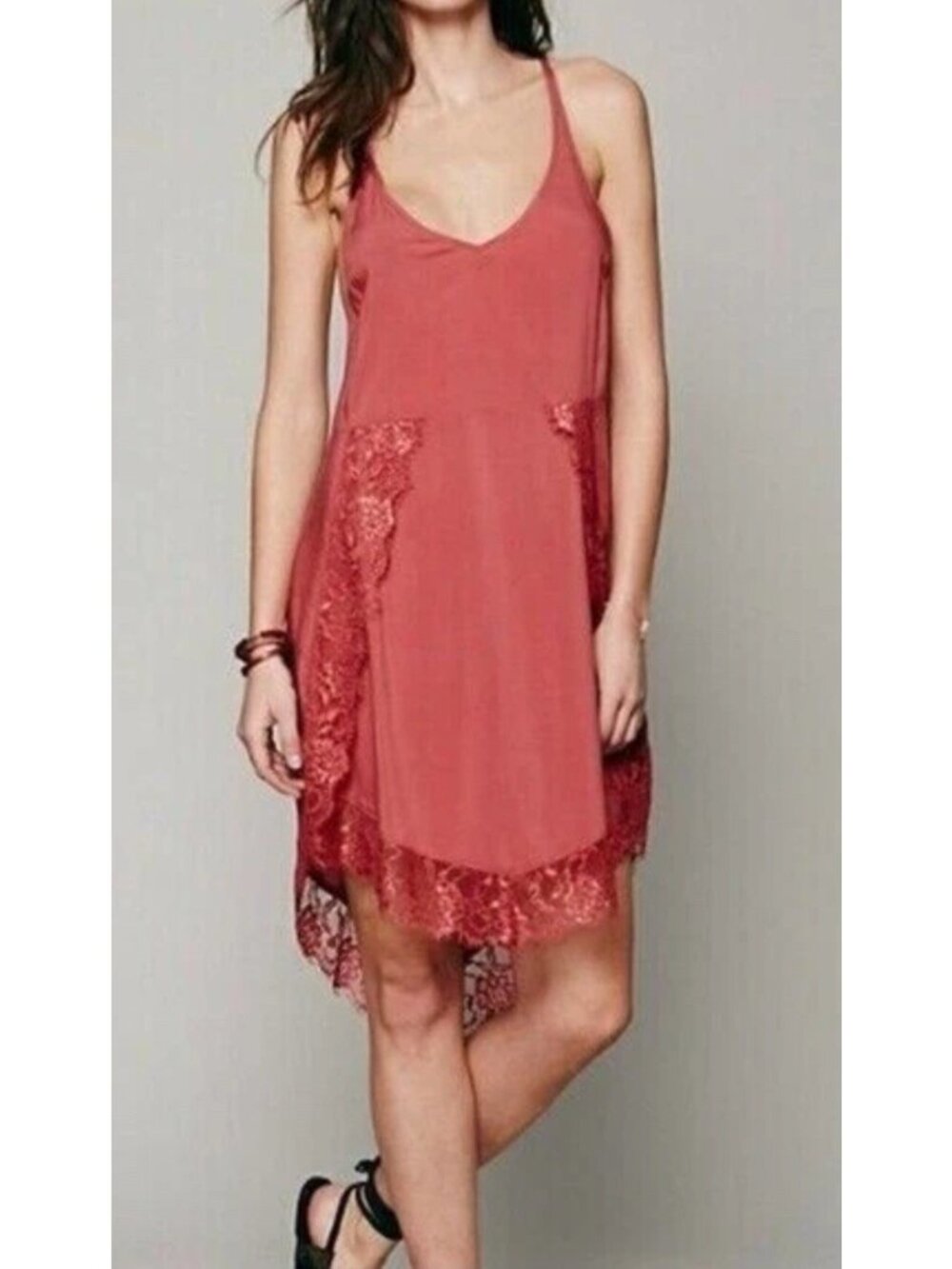 FREE PEOPLE eyelashed lace trim tunic slip dress copper SMALL hippie boho mini